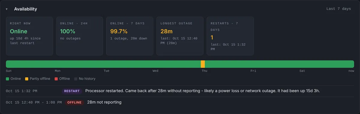 Availability panel showing an outage of 28 minutes followed by a restart after a gap in reporting