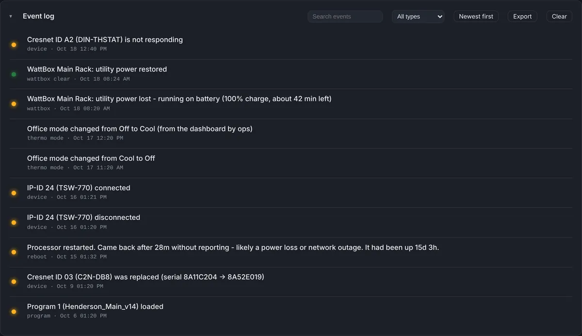 Event log showing a Cresnet device not responding and a replaced device